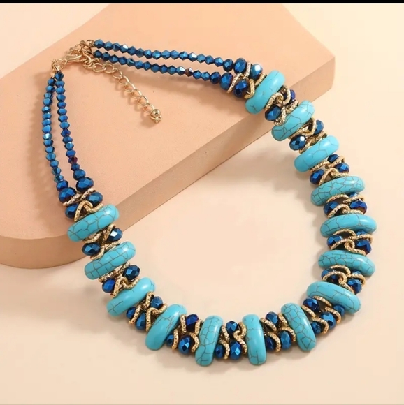 Boho Style Two Rows Crescent High - Quality Turquoise Crystal Necklace. - Picture 8 of 10